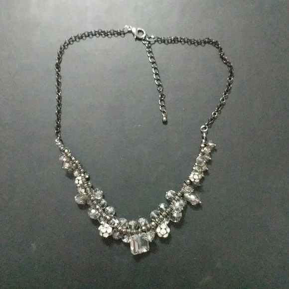 None Jewelry - Gunmetal Clear and Grey Rhinestone Crystal Statement Necklace